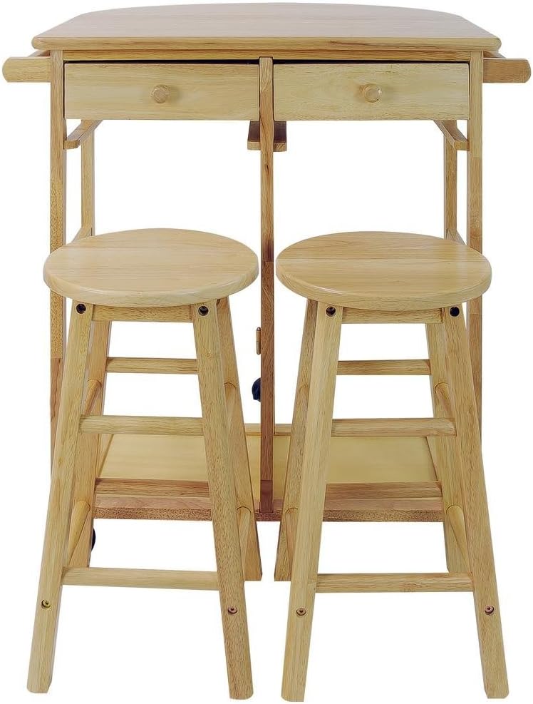 Casual Home Drop Leaf Breakfast Cart with 2 Stools-Natural