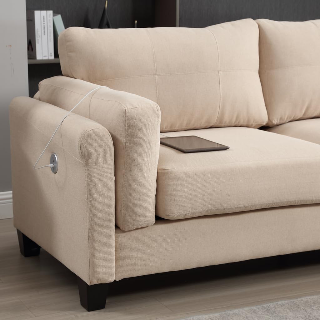 Oversized 79" Modern Style Button Tufted Linen Upholstered 3-Seat Sofa with Built-in USB Ports, Khaki