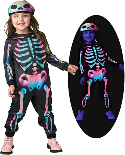 Seasons Disfraz de esqueleto arcoíris con sombrero para niños pequeños de 2 a 4 años, respuesta a la luz negra, disfraz de cosplay de Halloween