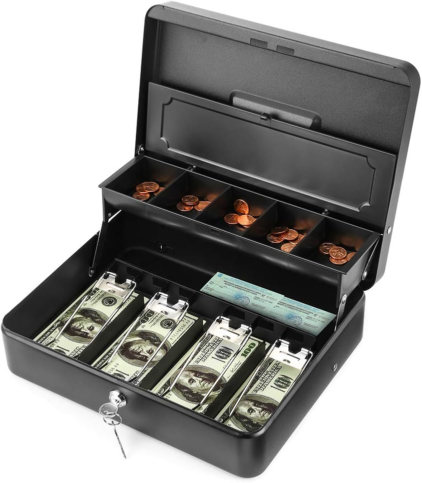 Cash Box, Cash Box with Money Tray, Durable Large Steel Cash Boxes