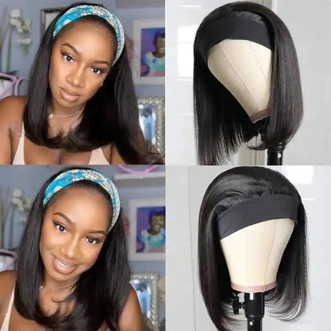 Bob Human Hair Headband Wigs Straight Headband Wigs For Black Women Short Bob Human Hair Wigs Color 1B Natural Black None Front Lace 150% Density Brazilian Human Hair Headband Wig (10Inch)