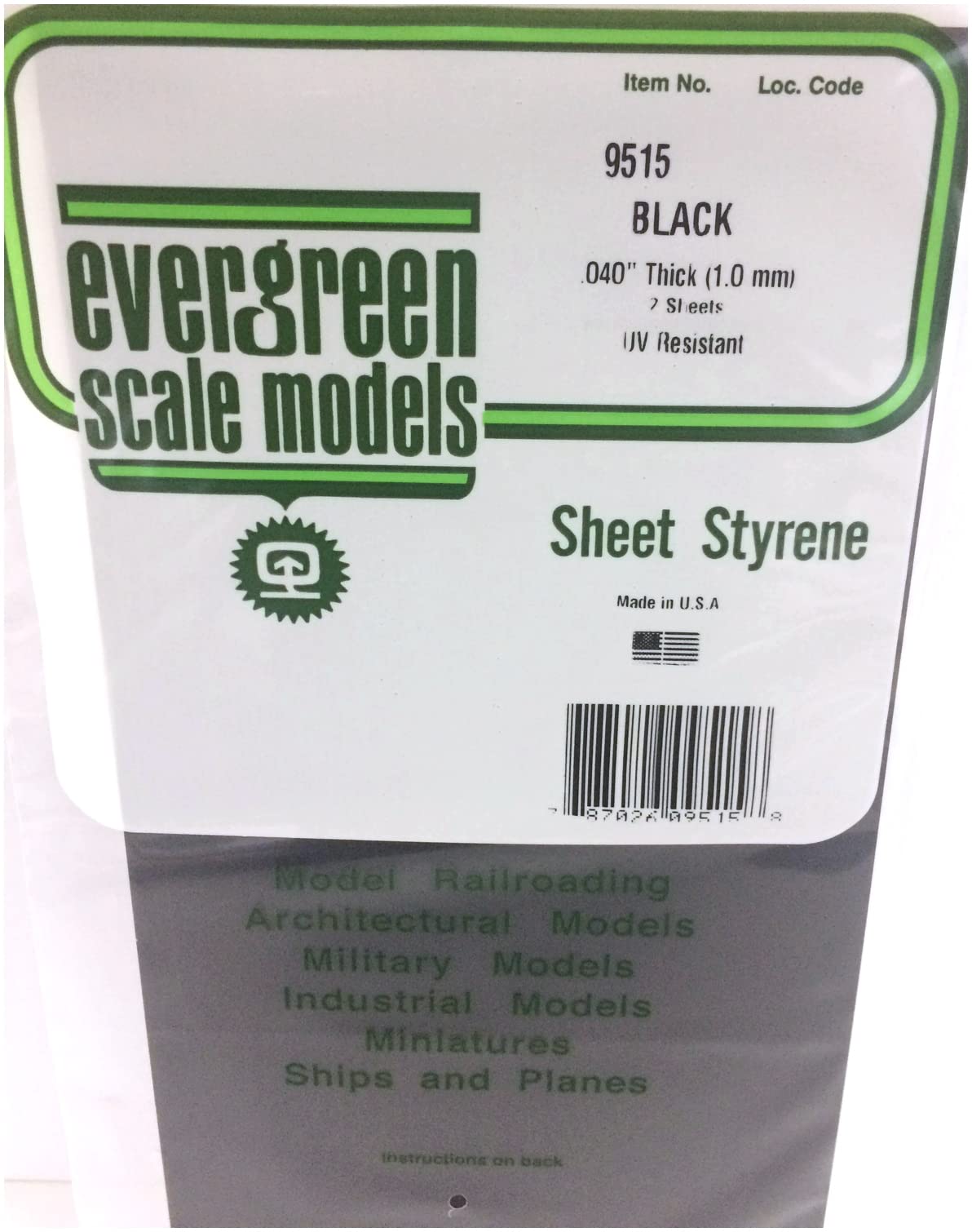 Evergreen 70EG9515 Scale Model Plastic Sheet, Black Plain, Thickness 0.04 inch (1 mm), 2 Pieces, Model Material