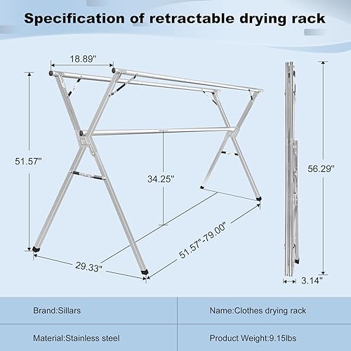 Miniatura 4 de Sillars - Estante de secado de ropa de 94.5 pulgadas, plegable y plegable, de acero inoxidable, resistente, con ganchos resistentes al viento, para