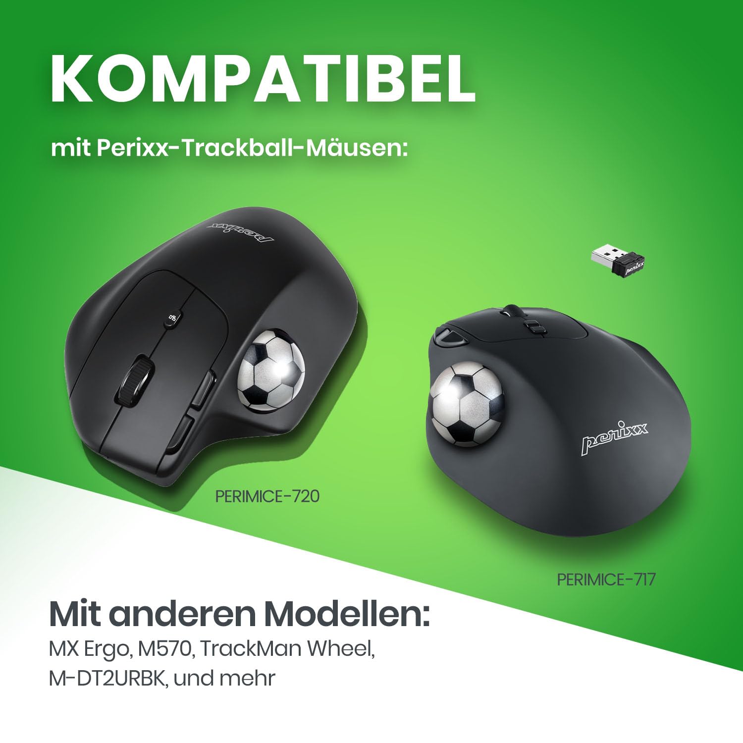 Perixx PERIPRO-303FTB 1,34 cala sportowy trackball - zabawny nowatorski design piłki nożnej - kompatybilny z M570, M575, PERIMICE-517/520/717/720 i innymi myszkami Trackball 3,4 cm