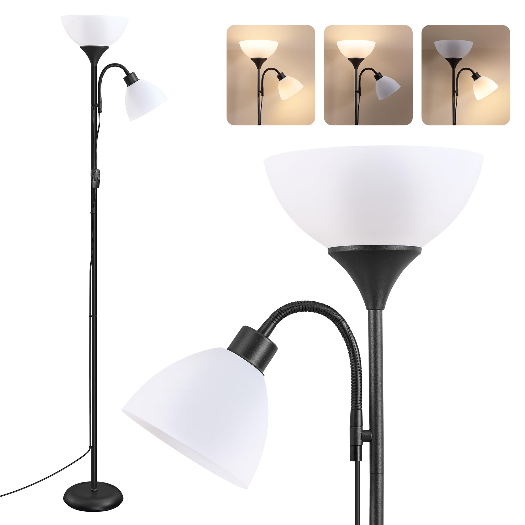 VASAGLE LED Floor Lamp with Reading Light, Tall Standing Uplighter, Corner Mood Lighting, 38.5 x 23.5 x 176 cm, Black, for Living Room, Bedroom, Lusia Collection LFL019B103