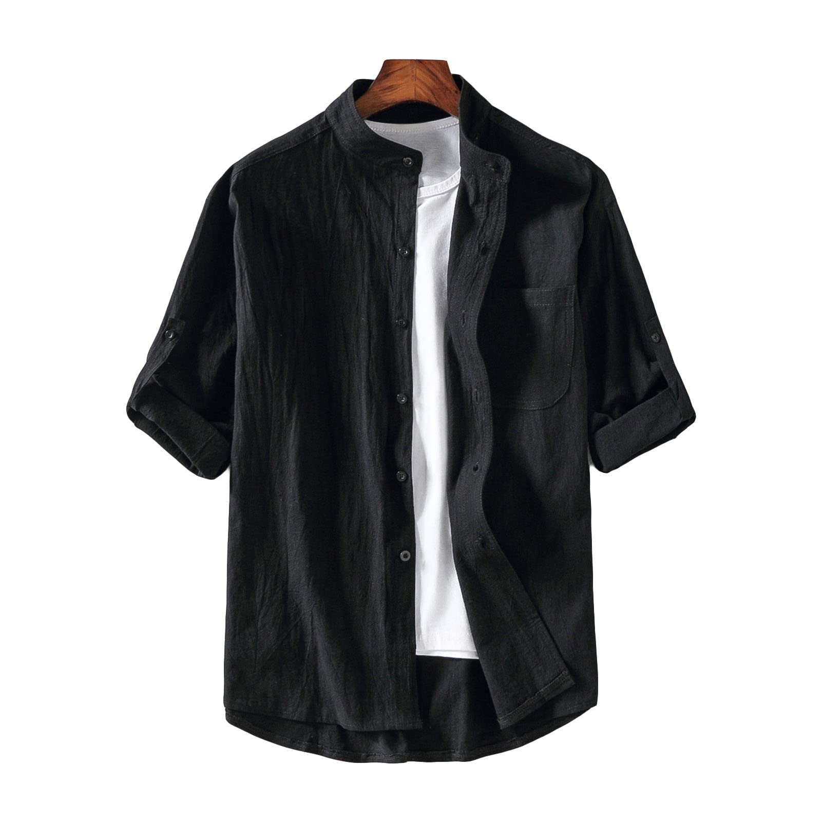 Men's Linen Button Down Dress Shirts Casual Hippie Cotton Beach T Shirts Solid Color Summer Yoga Tops with Pocket (Black,5X-Large)