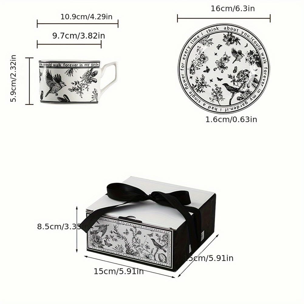 Set di 2 pezzi, Set di tazze da tè e piattini con fiori bianchi e neri, eleganti bicchieri francesi per colazione, tea party, ristorante e altro, estate – Bevande invernali, regali