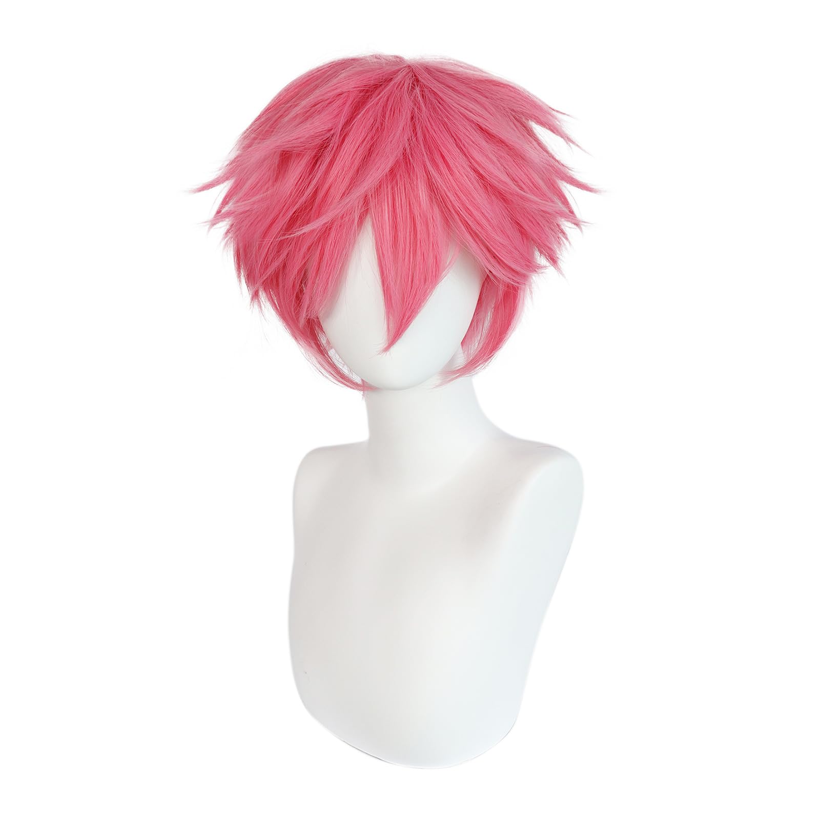 BEKIDER+1 Hair Cap Short Pink Wig for Men Pink Wavy Wig with Bangs for Halloween Christmas Event Costume Party - Image 2