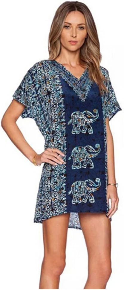 Vintage Ethnic Elephant & Floral Print V Neck Dress Straight Short Sleeve (Size M)