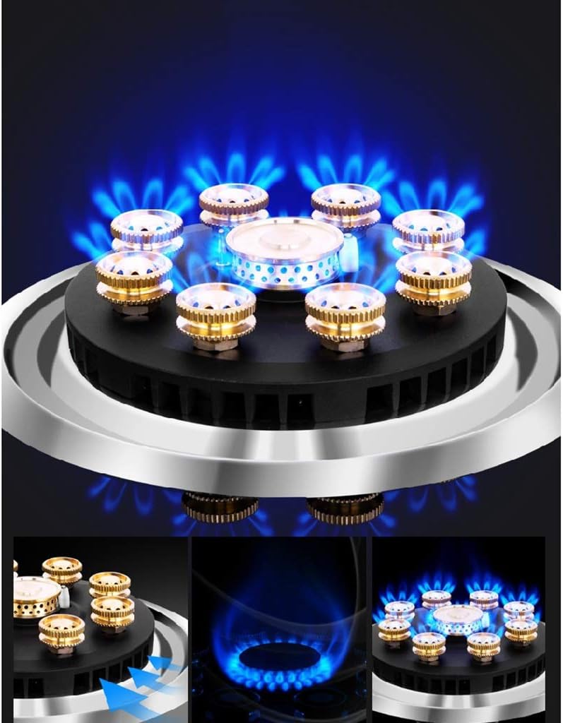 Gas HOB,7.0Kw Nine Cavity Fierce Fire Kitchen HOB,Black Tempered Glass Gas Cooktop,with Ffd and Cast Iron Non-Slip Pan Stands (Ng) (Ng)