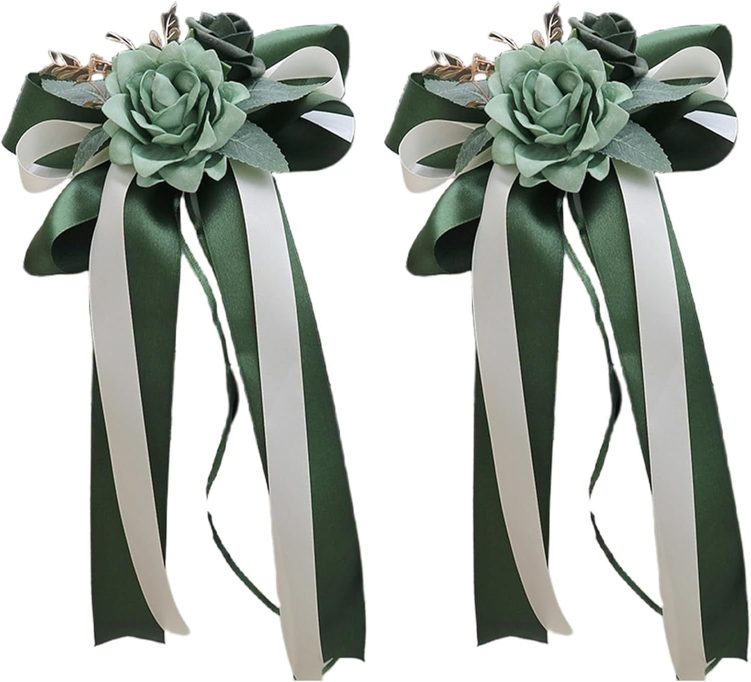 2 Pcs Wedding Car Ribbon Decoration Kit with Artificial Flowers for Car Mirror,14 Inch Wedding Car Door Handle Bows Decor Bouquet Supplies (Green)