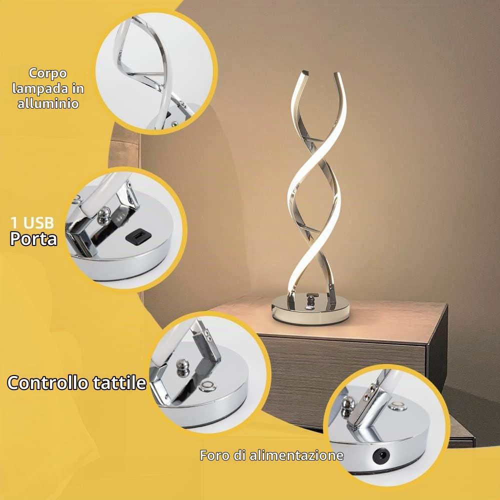 lampada da comodino a LED a intensità variabile, tavolino design a spirale moderna, 18w con porta USB, per sala lettura, camera da letto e comodini