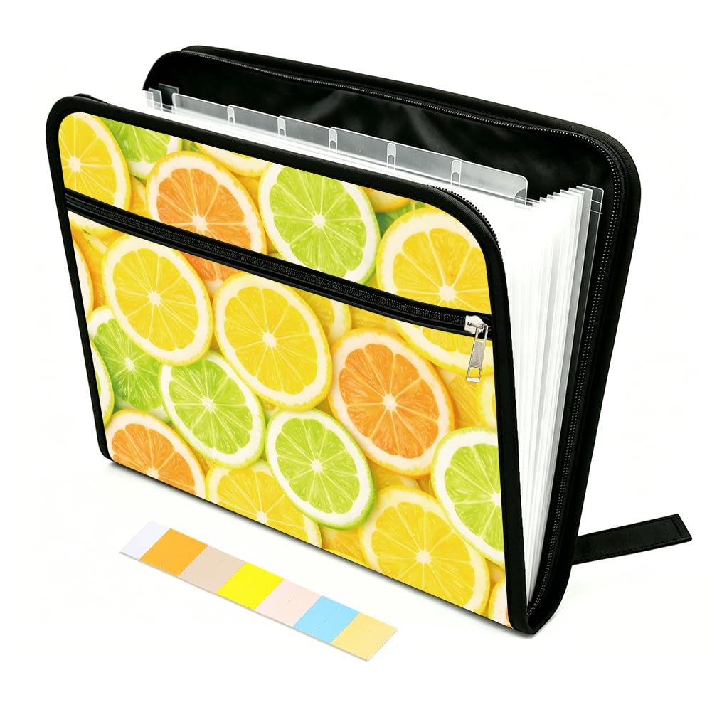 WEBEEDY 13 Pockets Expanding File Folder with Sticky Labels and Zipper, Lemon Theme Portable Accordion File Organizer Paperwork Folder for Documents A4 Paper Receipt Travel Office, Back to School