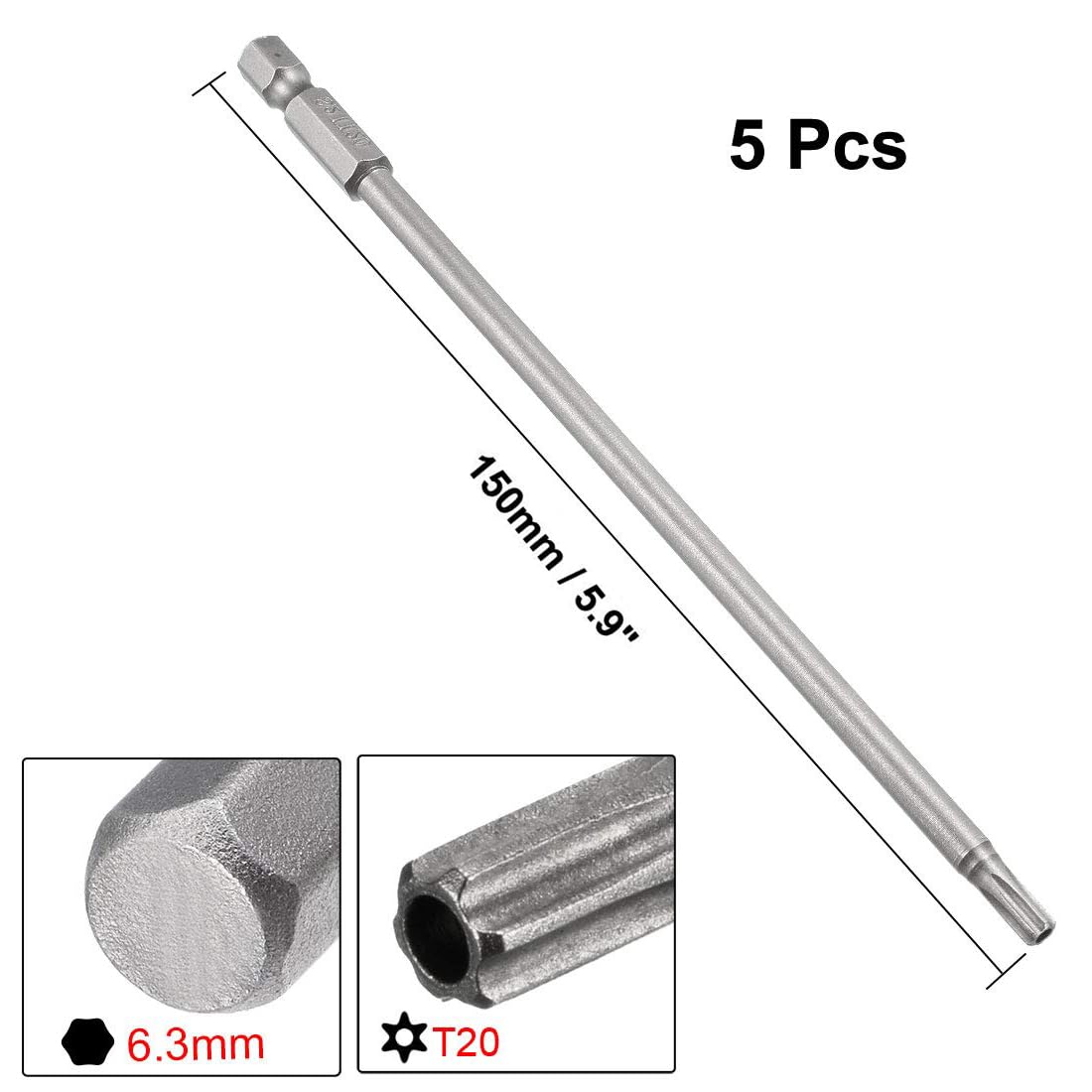 TA-VIGOR 5Pcs T20 Torx Head Screwdriver Bits 1/4 Inch Hex Shank - Image 2