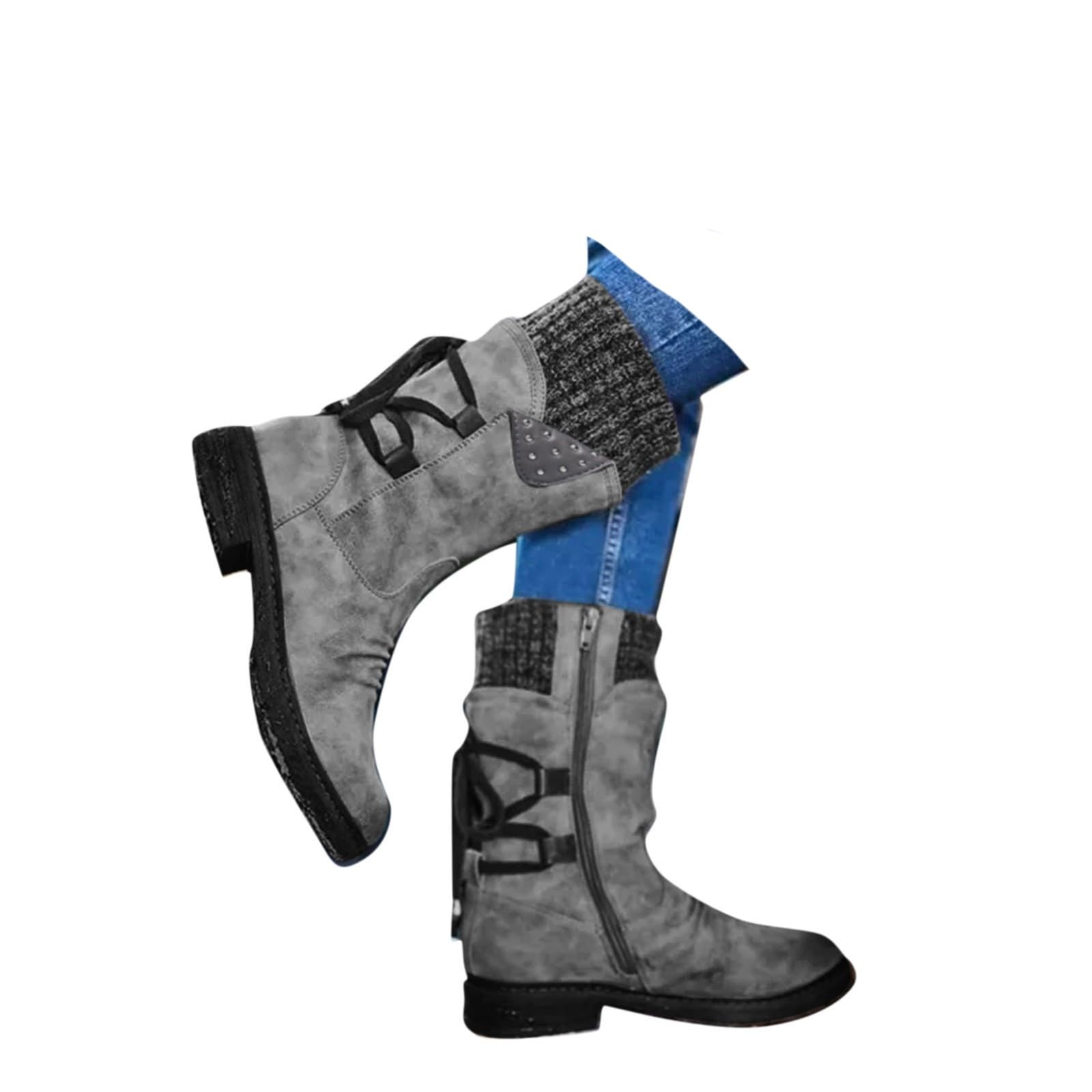 ZSpzx Mid Calf Riding Boots for Women Slouchy Vintage Knit Leather Splicing Round Toe Chunky Block Heels Winter