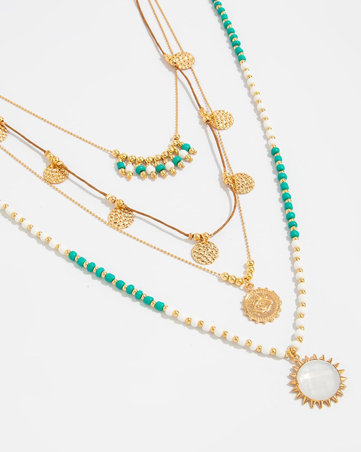 Western Layered Boho Necklaces for Women Bohemian Turquoise Beaded Necklaces Stack Gold Silver Sun Coin Pendant Neck-lace Western Country Concert Jewelry Cowgirl Outfits Accessories - Image 5