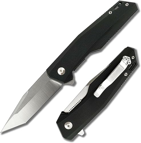 Miniatura 1 de LILBEEBLAID Guardee - Cuchillo plegable de bolsillo para EDC, mango negro G10 con bloqueo de trazador de líneas D2, acabado satinado y lavado a la