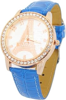 Qtqgoitem Woman Eiffel Tower Prints Arabic Number Dial Blue Faux Leather Wristband Watch (Model: c89 3be 4f5 a99 ab7)