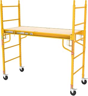 Yellow 6FT Foldable Baker Type Scaffold1000LBS Rolling Work Platform | 6FT foldable rolling scaffold, tool-free height adjustment, dual lock casters, 1000LBS load capacity, ideal for painting