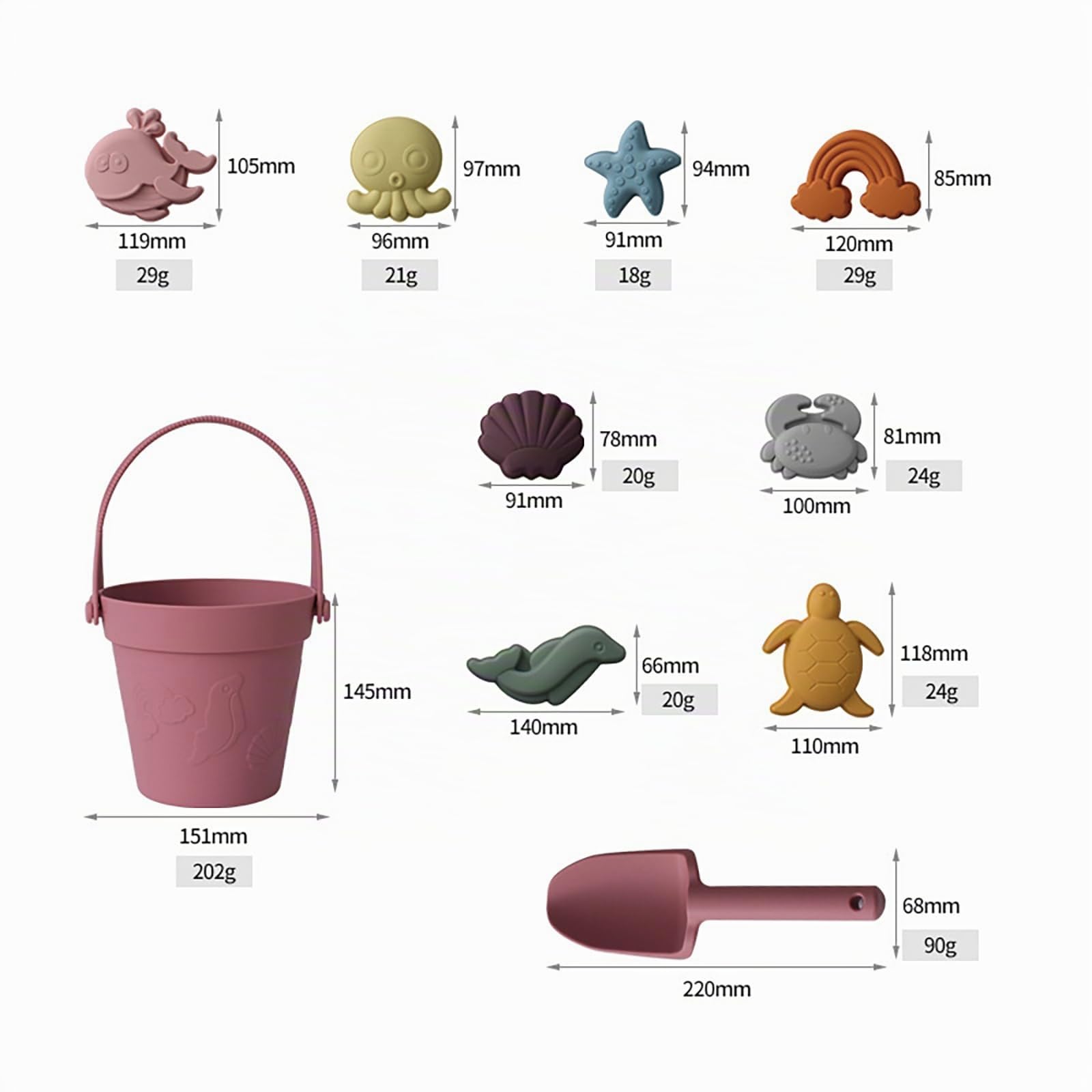 10 Pièces Jeux De Plage En Silicone – Seau Pliable, Pelle Et 8 Moules Animaux – Pour Sable, Bain, Neige – Dès 3 Ans