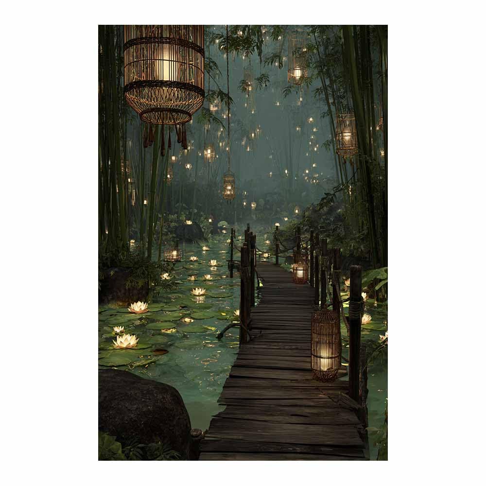 HOQIU Vintage wall art Lantern Bamboo Pond decorative painting, wall art, for Living Room Bathroom Bedroom Kitchen Decoration.(Multicolor)-60x80cm Unframed