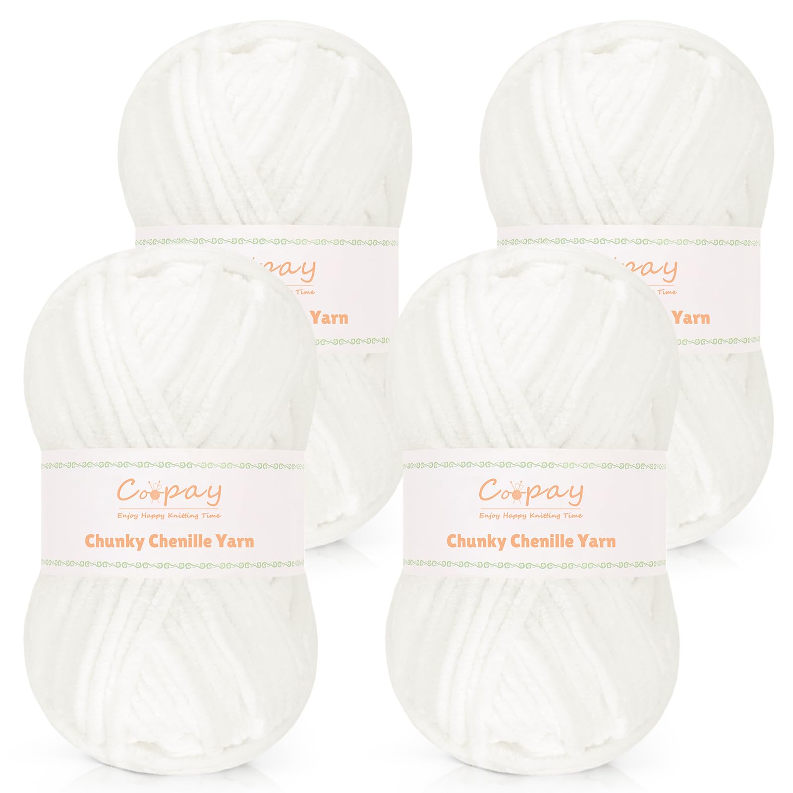 Coopay Chenille Yarn 4x50g, Super Soft Plush Chunky Chenille Yarn for Crochet and Knitting, Fluffy Velvet Thick Yarn for Crocheting Blankets, Dolls, Scarves, Socks, DIY Crafts (White)
