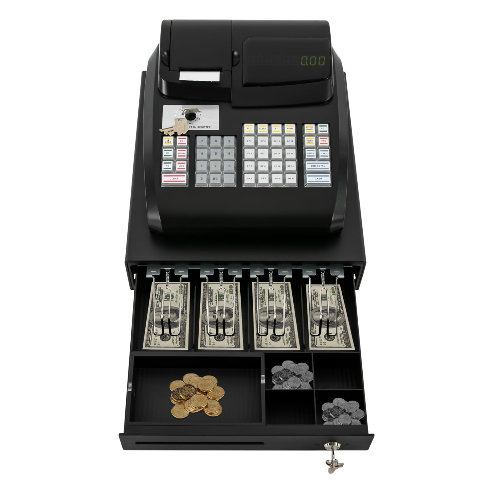 47 Keys Electronic Cash Register with Drawer, Thermal Printing Casher with Cash Box and 6 Digital LED Display, Multifunction Cash Registe POS System Cash Register for Retailer Supermarket, Black