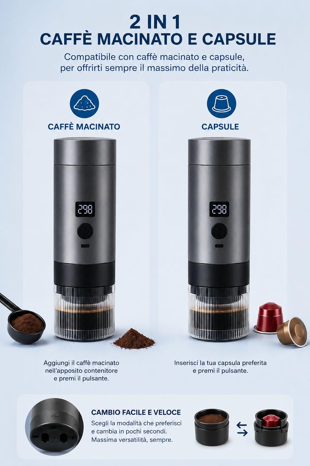 Caffettiera Elettrica Portatile Ricaricabile USB-C 2 in 1 – Compatibile con Capsule e Caffè Macinato, Display Digitale, Wireless, Macchina da Caffè da Viaggio per Auto, Campeggio, Ufficio e Outdoor