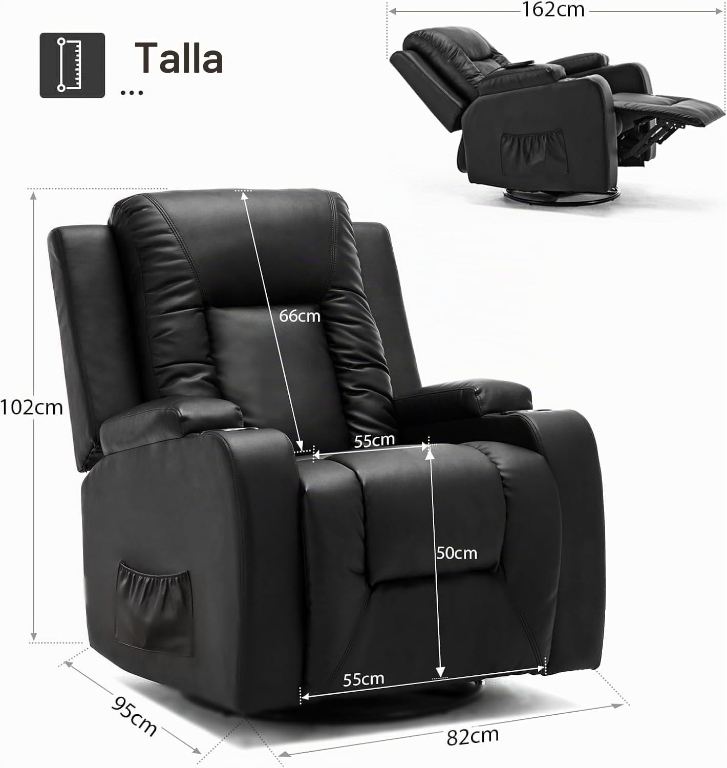 COMHOMA Sillón Reclinable con Respaldo y Reposapiés Ajustables, Silla Giratoria 360° con Portavasos y Bolsillos Laterales, Diseño Ergonómico con Soporte Corporal Completo, Cuero PU, Negro