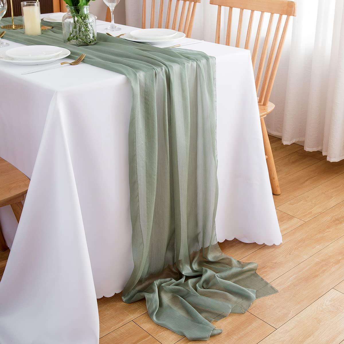 CHUQING Tischläufer Chiffon grün,70 cm x 3m,Salbeigrün Tischläufer Hochzeit Eukalyptus Grün Table Runner,Mintgrün