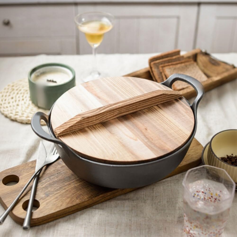 Wok sin revestimiento para hierro fundido con tapa de madera – Base plana para inducción, sartén de 25 cm