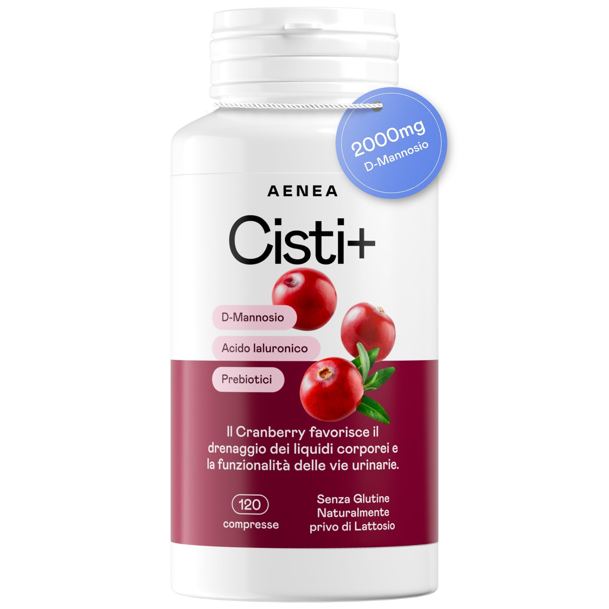 Cisti+ Integratore Cistite Donna 120cpr con D Mannosio Puro 2000mg, Mirtillo Rosso, Cranberry, Acido Ialuronico, Prebiotici per Benessere Vie Urinarie, Drenaggio Liquidi, Integratori Vie Urinarie