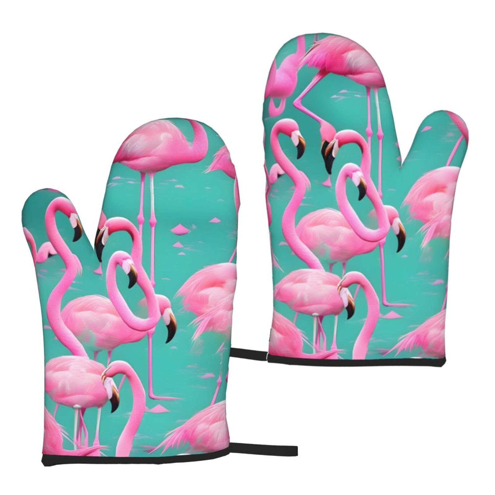 Nimongt Women's Black Lovely Pink Flamingos Print Adults Universal Fit Heat Resistant Oven Gloves Reusable Cooking Outdoor Grilling