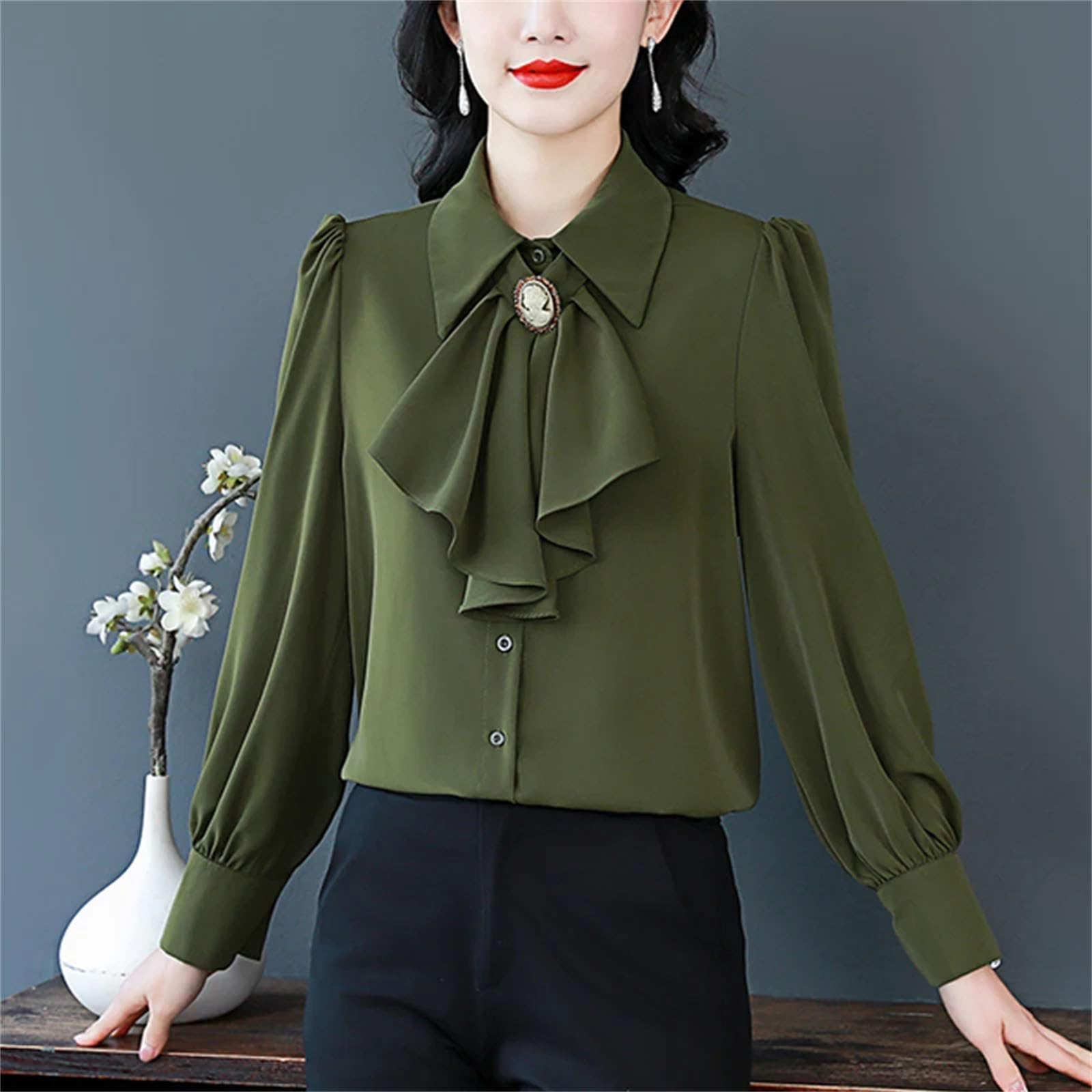 Camicette da donna primaverili con bottoni a volant per donne casual da lavoro a maniche lunghe in raso camicette top