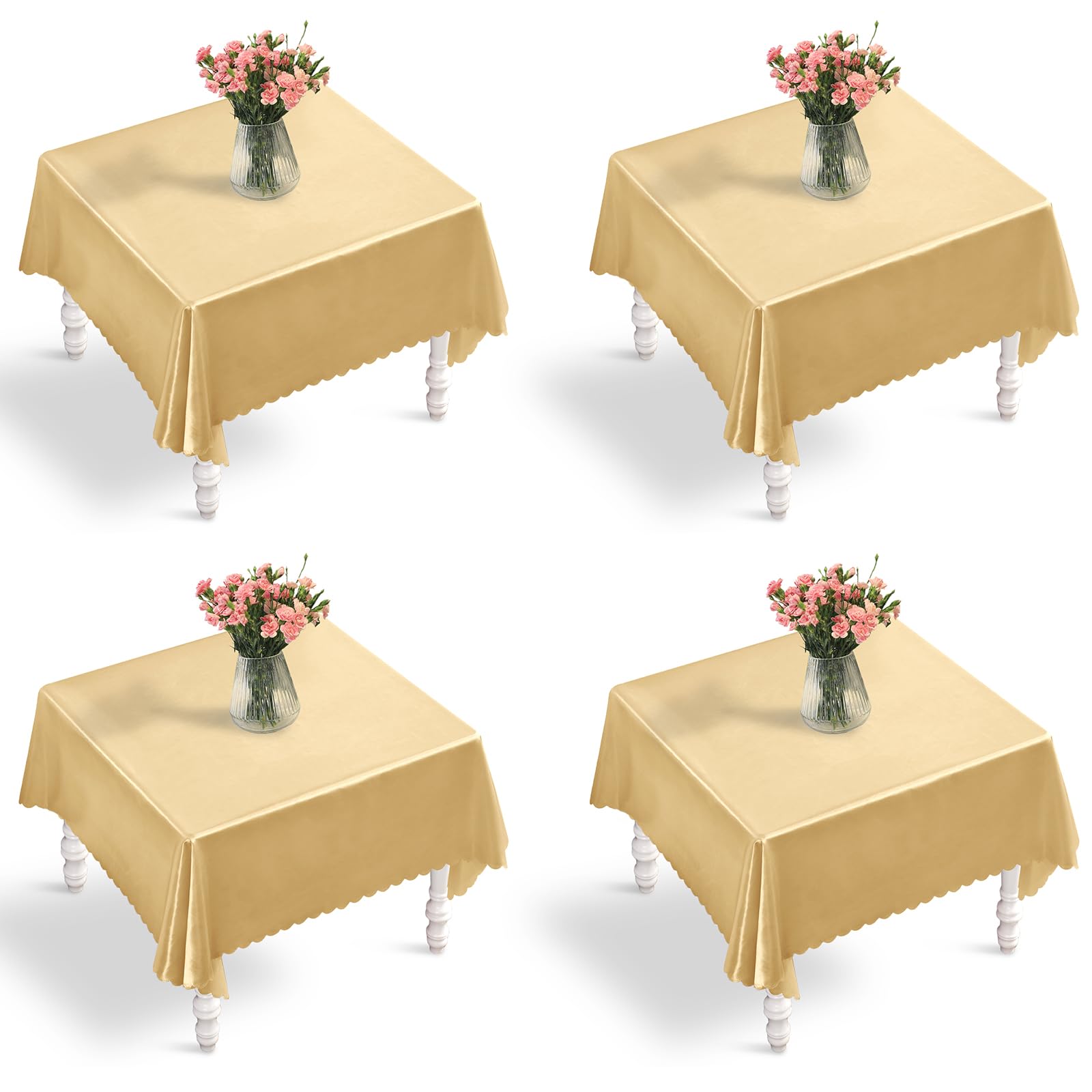 4 Pack Gold Satin Tablecloth 54 x 54 Inches Table Cloth, Square Silky Tablecloth Smooth Table Cover Decoration for Wedding Party Holiday Dinner