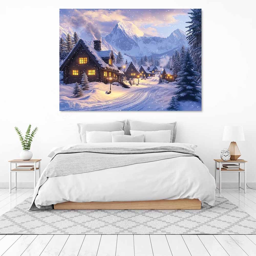 QUSAAOU Wandbilder Wohnzimmer Verschneites Bergdorf mit Hütten Leinwandbild Im Modernen Stil Mit Naturmotiven,Geeignet FüR Schlafzimmer Und Wohnzimmerflure(Blau)-80x120cm Ungerahmt