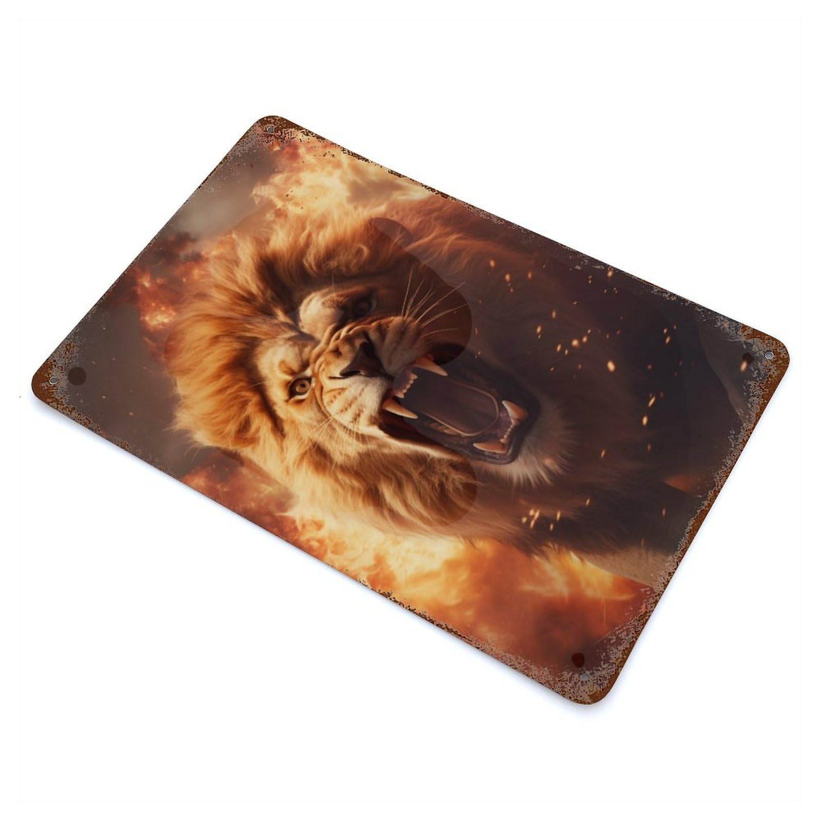 Furious Lion Fire Flames Decorative Tin Sign 11.8"x7.9", Ideal for Basement, Hobby Room And Garage Decor