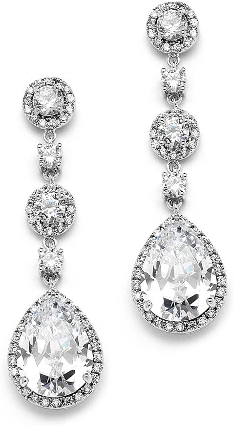 Mariell Pierced or Clip-On Silver, Gold or Rose Gold CZ Dangle Drop Earrings for Women, Brides, Wedding