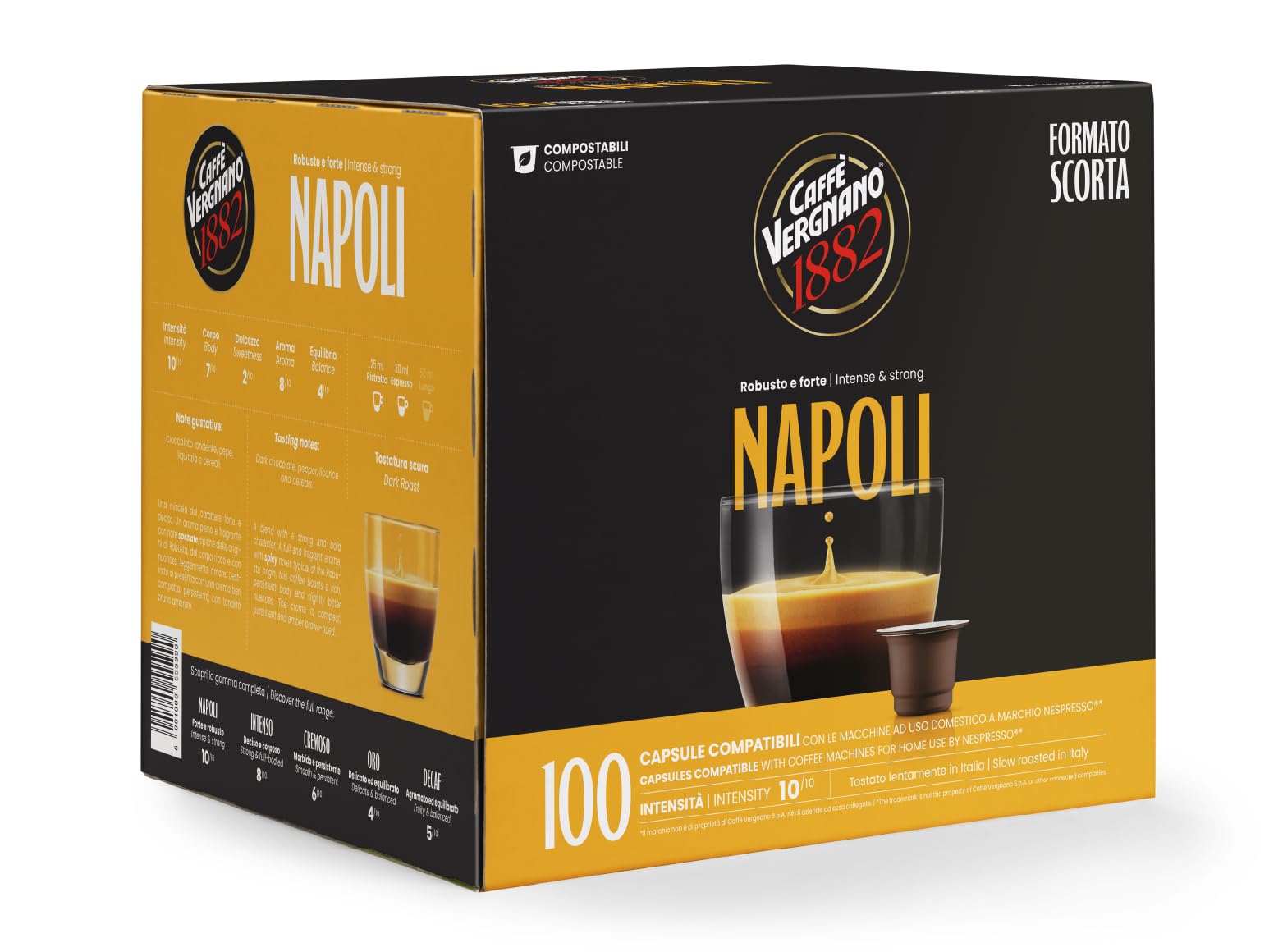Caffè Vergnano 1882-100 Capsule - Caffè Compostabili e Compatibili con Nespresso, Napoli - Pack da 100 capsule