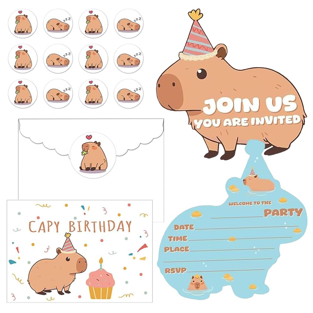 Capybara Invitations Cards, Capybara Kids Party Invitation, Birthday Inviitations for Girls, Cute Birthday Cards Invitation with Envelopes and Stickers for Biirthday Baby Shower Supplies