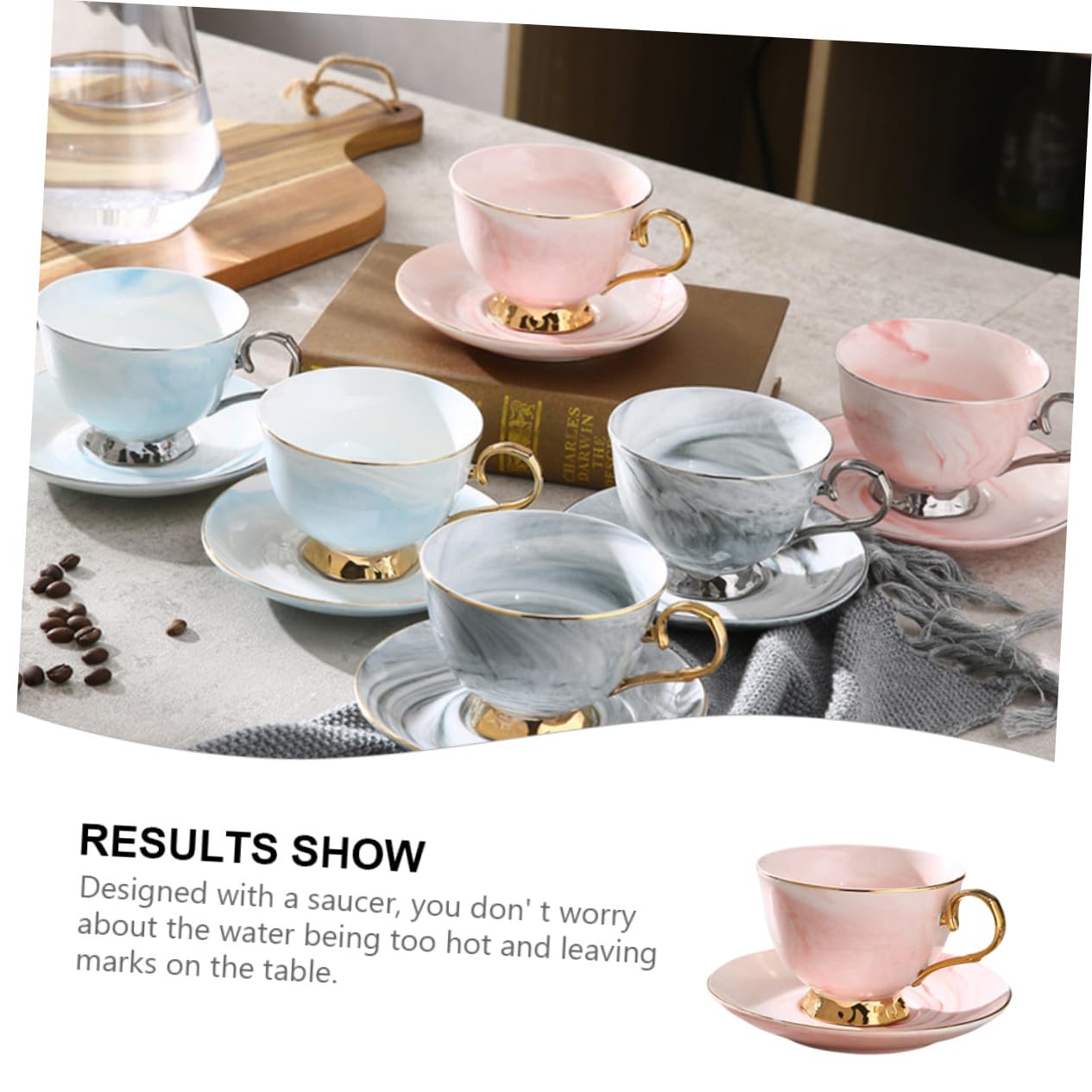 Taza de con Diseño Mármol Estilo Nórdico con Platillo Rojo y Mango Dorado para Café y Leche Reuniones y Regalo