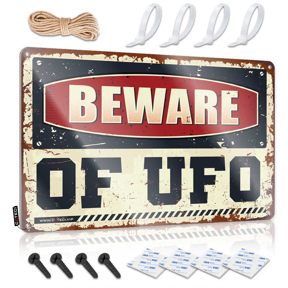HELIOFORGE Door Signs For Bedroom Beware Of Ufo Sign Funny Sarcastic Metal Tin Sign Bathroom Bedroom Do(20X30CM)