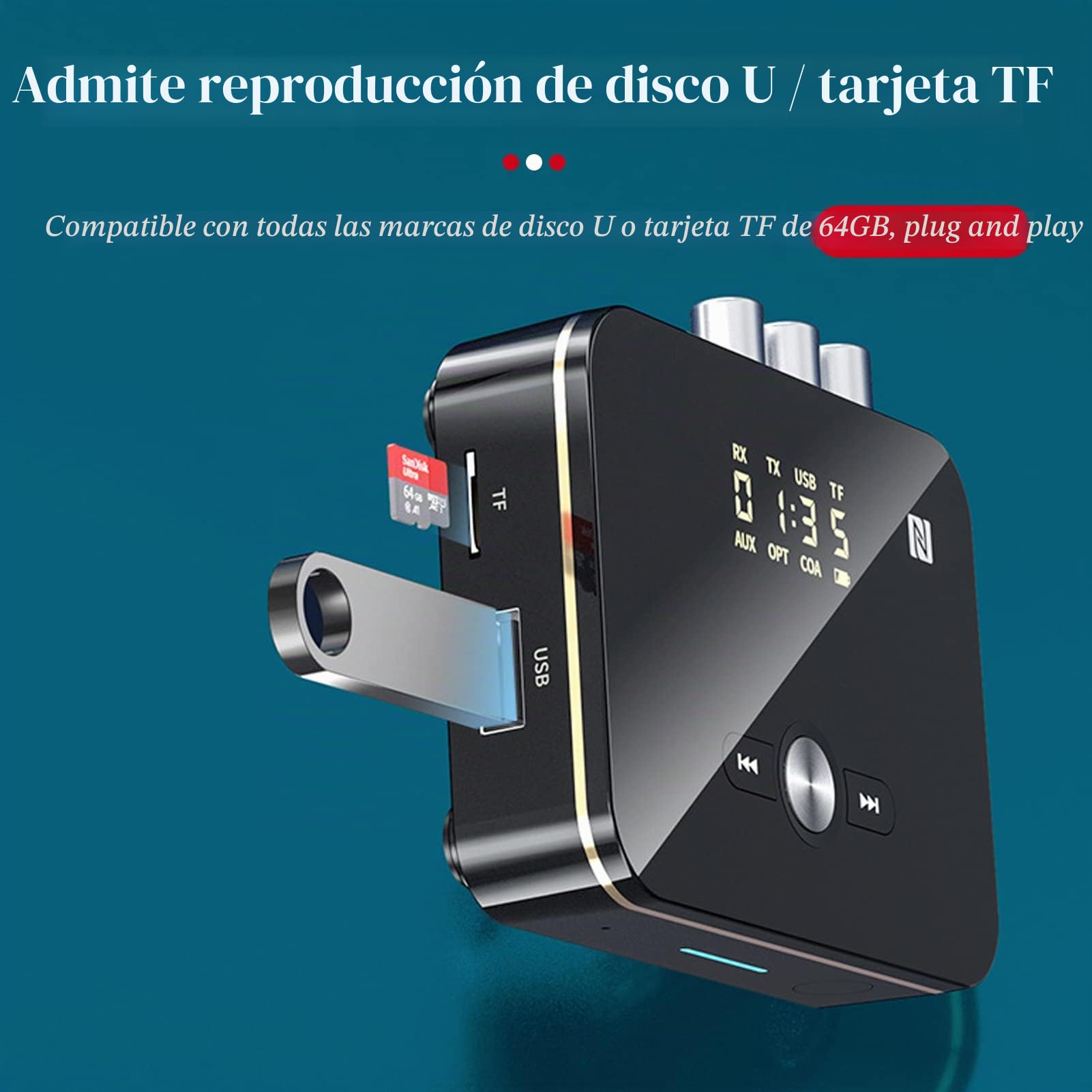 Transmisor Y Receptor Bluetooth 5.0, Adaptador de Audio NFC de Baja Latencia, Tarjeta AUX/RCA/óptica/coaxial/USB/TF de 3,5 Mm, para Altavoz, Amplificadores, Etc.
