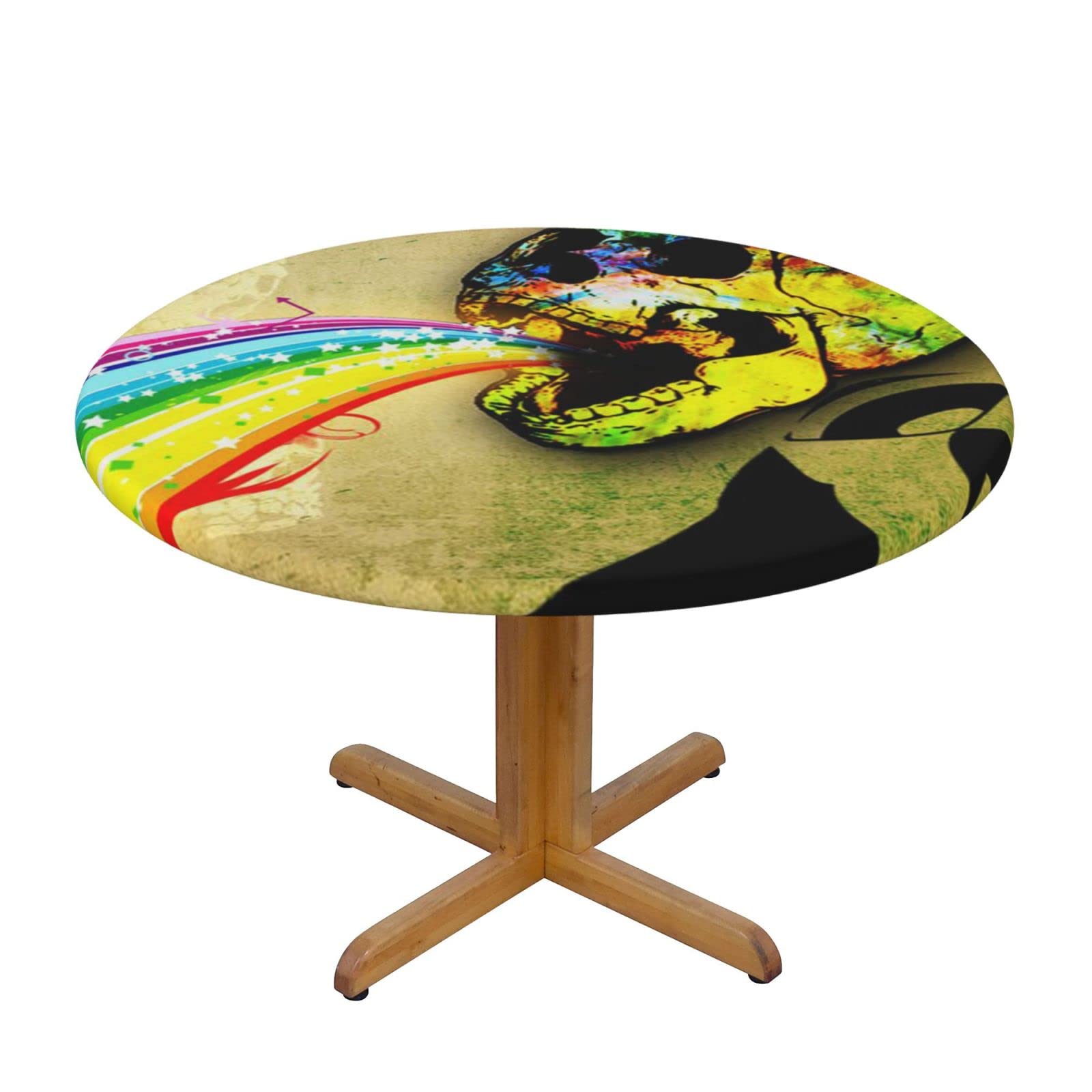 Lsjuee Round Fitted Tablecloth 40-44in Elastic Edged Table Cloth for Kitchen Dining Party Home Decor - Skull Colorful Rainbow Abstract