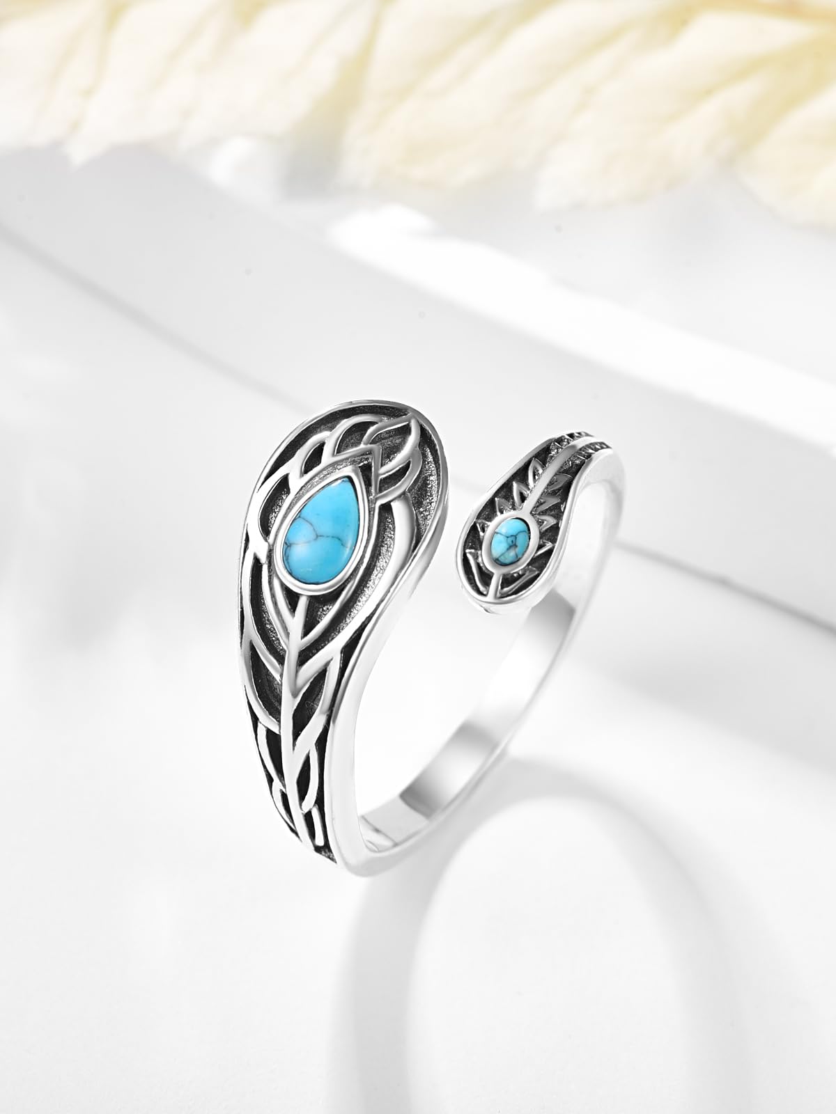 KINGWHYTE Anillo de plata de ley 925 con forma de cuchara de plumas y turquesa, ajustable, anillo abierto, turquesa occidental, regalo para mujer