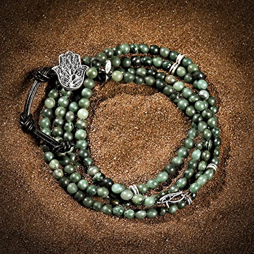 Karma And Luck - Path To Spiritual Healing - Men's Real Jade Stones 925 Sterling Silver Eye Of Horus Charm Protection Hamsa Hand Button Closure 4 Time Wrap Bracelet #TOP3