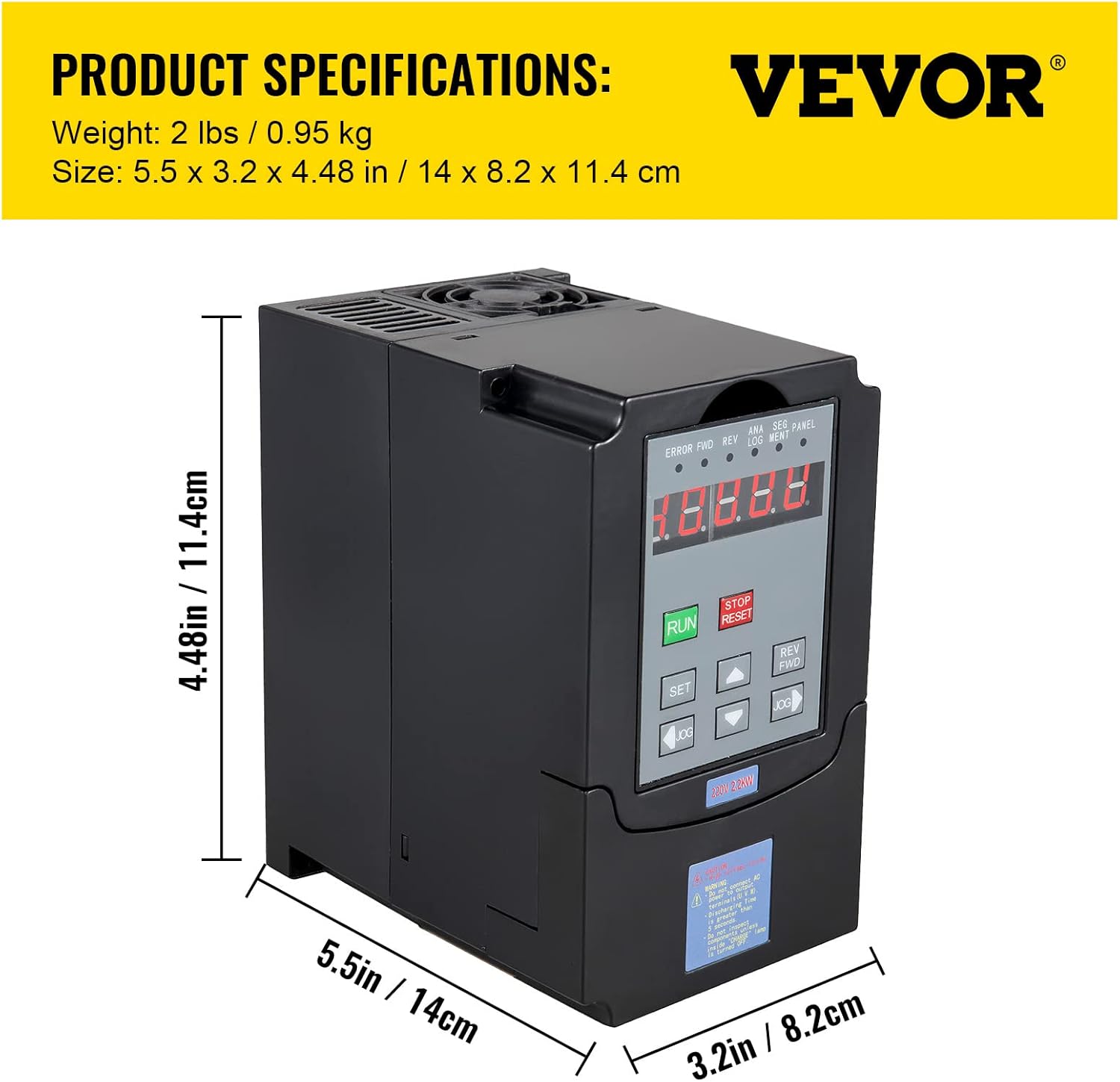 VEVOR VFD product specifications showing dimensions: Weight 2 lbs / 0.95 kg, Size 5.5 x 3.2 x 4.48 inches / 14 x 8.2 x 11.4 cm.