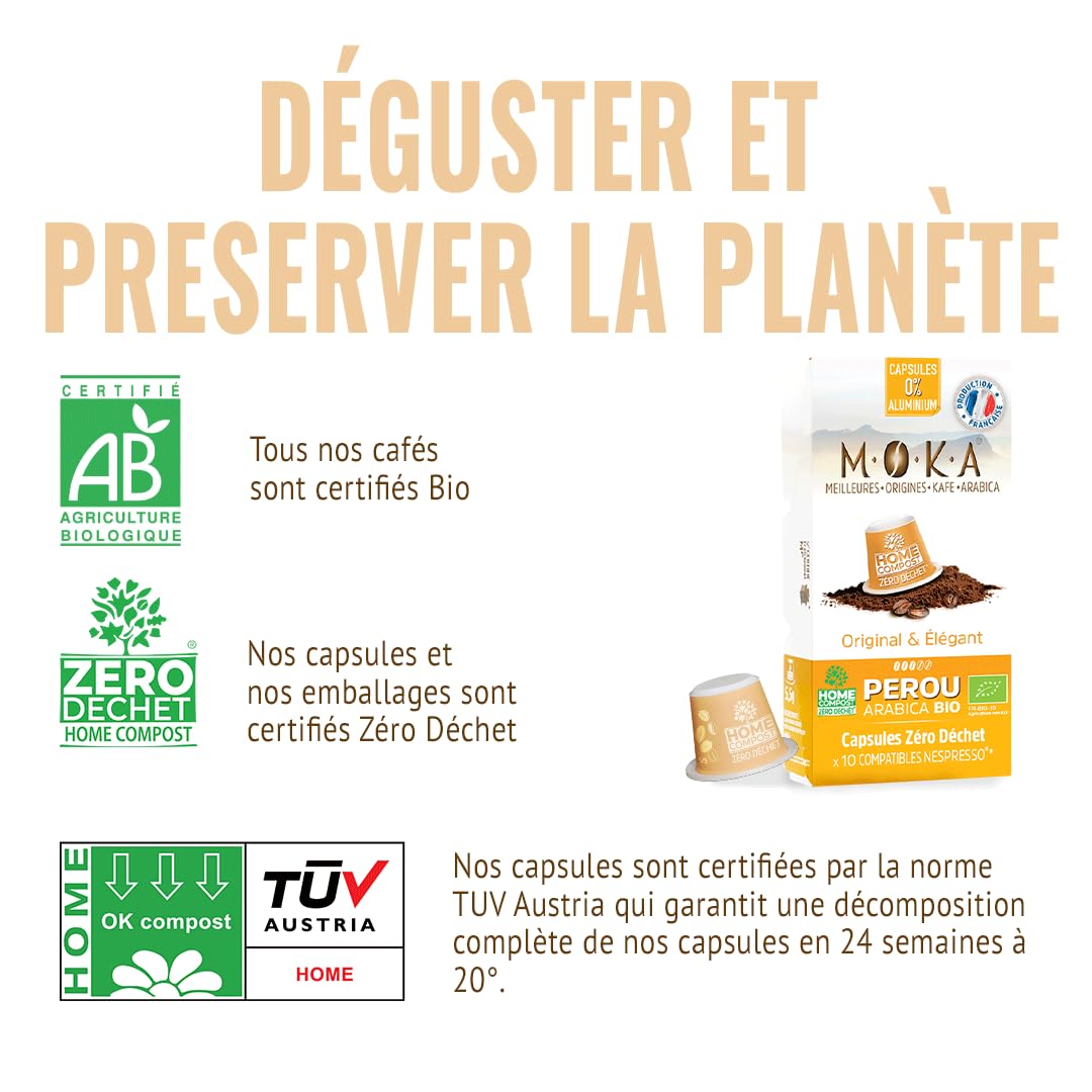 MOKA - 100 Capsules Café Bio d’excellence 100% Pur Arabica du Pérou Bio (10*10) - Délicat et Fruité - Compatibles avec Nespresso - Intensité 6 - Home Compost - Expresso et Lungo - Torréfié en France
