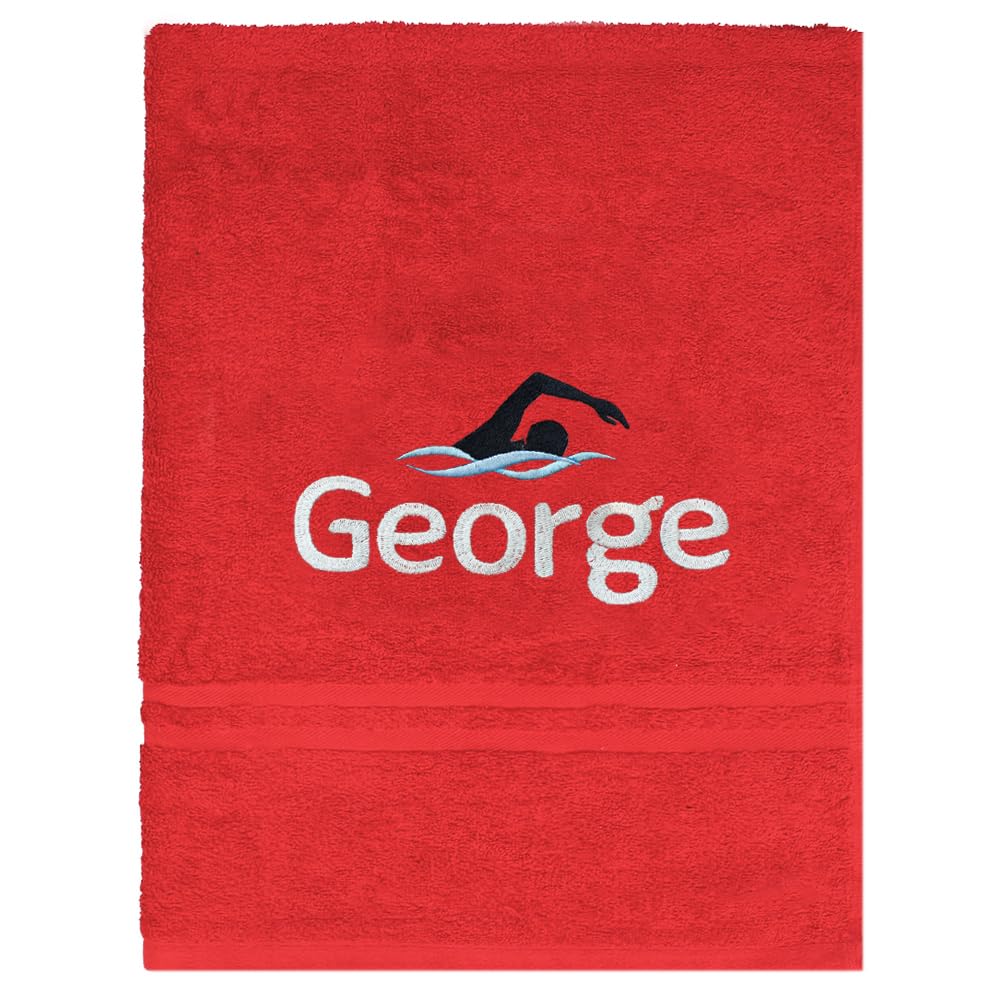 Personalised School Swimming Bath Towel with Embroidered Name (Red)