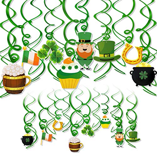 HOWAF 30pcs Saint Patrick Décorations de Tourbillon Suspendues, Drapeaux Irlandais Bière Chapeau de Leprechaun Trèfle Décorations Guirlande pour Saint Patrick Plafond Serpentins Spirale à Suspendre Cover